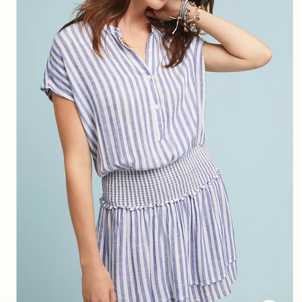 Rails Angelina Stripe Dress Smocked Waist Linen Blend